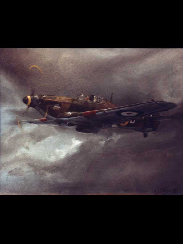  Hurricane Mk1 (A) flown by Flying Officer A .V. Clowes DFM with No.1 Sqd at Wittering, Cambridgeshire in 1940. (600x400mm Oils on Canvas. Privately owned)