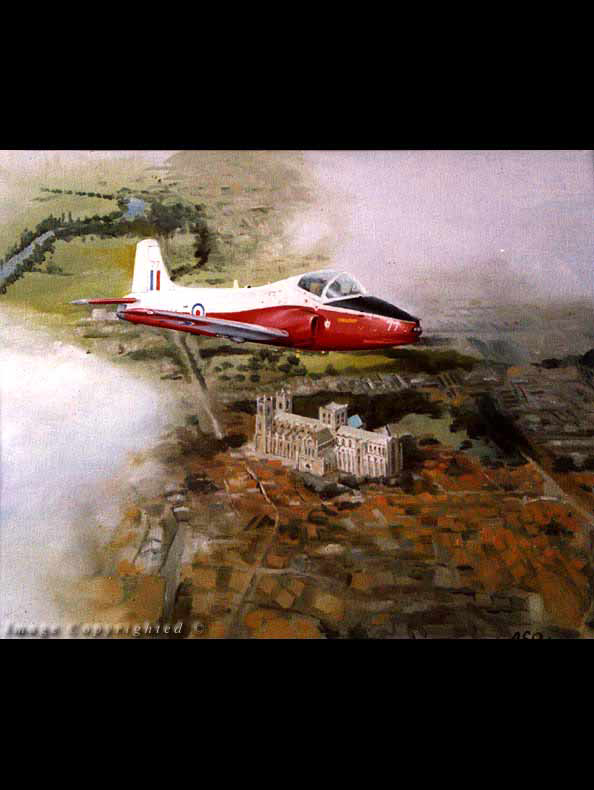 1FTS's long association with Jet Provosts began with Jet Provost T.3 XM468, which arrived at Linton-on-Ouse on 19th August 1960. 1FTS was one of the very first Units to receive the Jet Provost T.5. The School is currently equipped with the Shorts Tucano. (600x400mm Acrylics on Canvas. Privately owned)