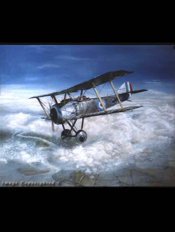 ..no matter how good the [German] pilot was.when it came to manoeuvring, the Sopwith [Pup] would turn twice to an Albatros' once.... Lt(later Major) J.T.B McCudden VC - British fighter ace. (600x400mm Oils on Canvas. Privately owned)