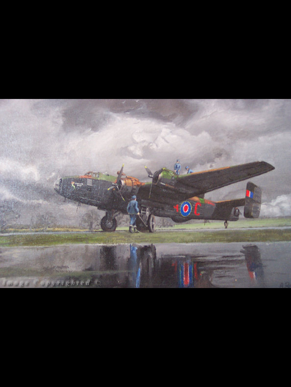 The Halifax shared with the Lancaster the major burden of Bomber Command's night bombing campaign against Nazi Germany but unlike the Lancaster, which only served as a bomber during the war, the Halifax was used extensively on other duties. (Approx.200x150mm Oils on Canvas. Privately owned)
