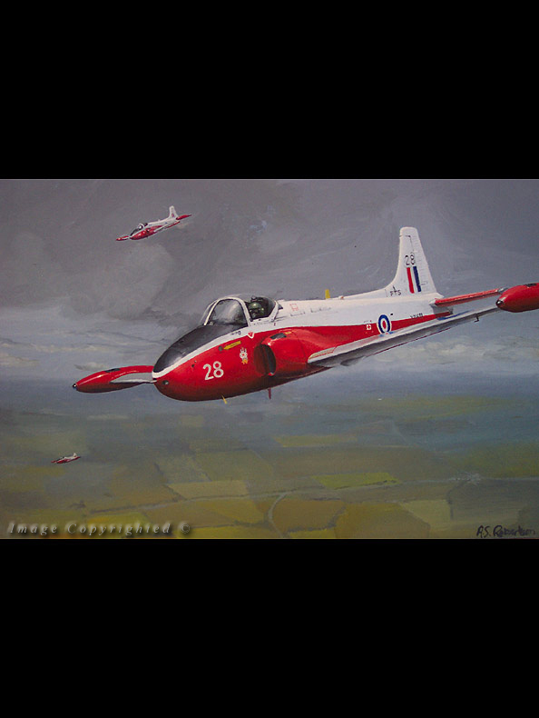 Known universally as the 'JP', the Jet Provost, introduced all-jet training to RAF pupil pilots for the first time in the mid 50's . Replacement of Jet Provosts by turboprop Tucanos began in 1988 and the programme was completed in 1993. (Approx.800x500mm Oils on Canvas. Privately owned)