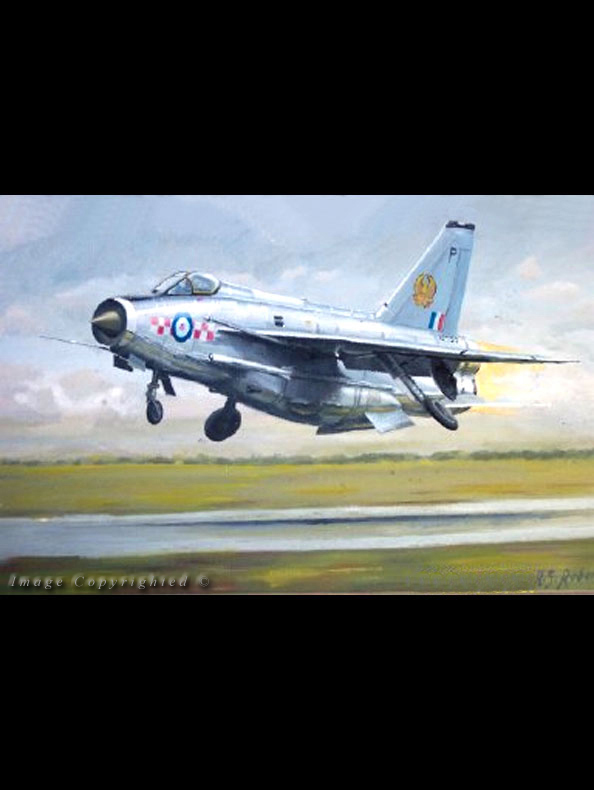 The ultimate Lightning was the F6, it featured a much larger ventral fuel tank, provision for two ferry tanks, and a new wing leading edge camber which improved the handling considerably. This 56 Sqn example is seen flying from RAF Leconfield following servicing. (600x400mm Oils on Canvas. Privately owned)