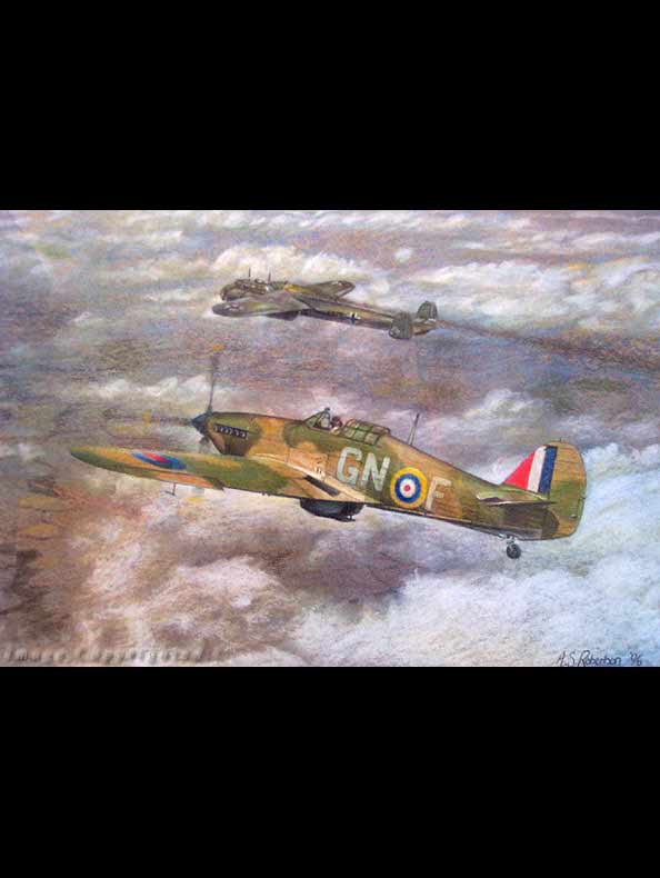 F-Foxtrot of 249 Sqn, Church Fenton, waits to witness the demise of an enemy. (300x250mm Pastels on paper. Privately owned) 
