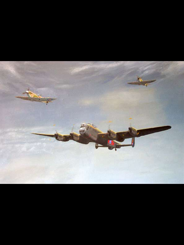 Two Spitfires and a Lancaster wend their way through the cold crisp light at altitude...(700x500mm Oils on canvas. Privately owned)