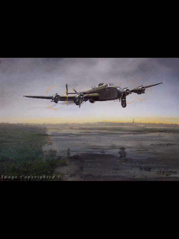 Due to mounting losses on Bomber Command operations over Germany Halifax bombers were restricted to less hazardous targets from September 1943. (500x350mm Oils on Canvas. Privately owned)